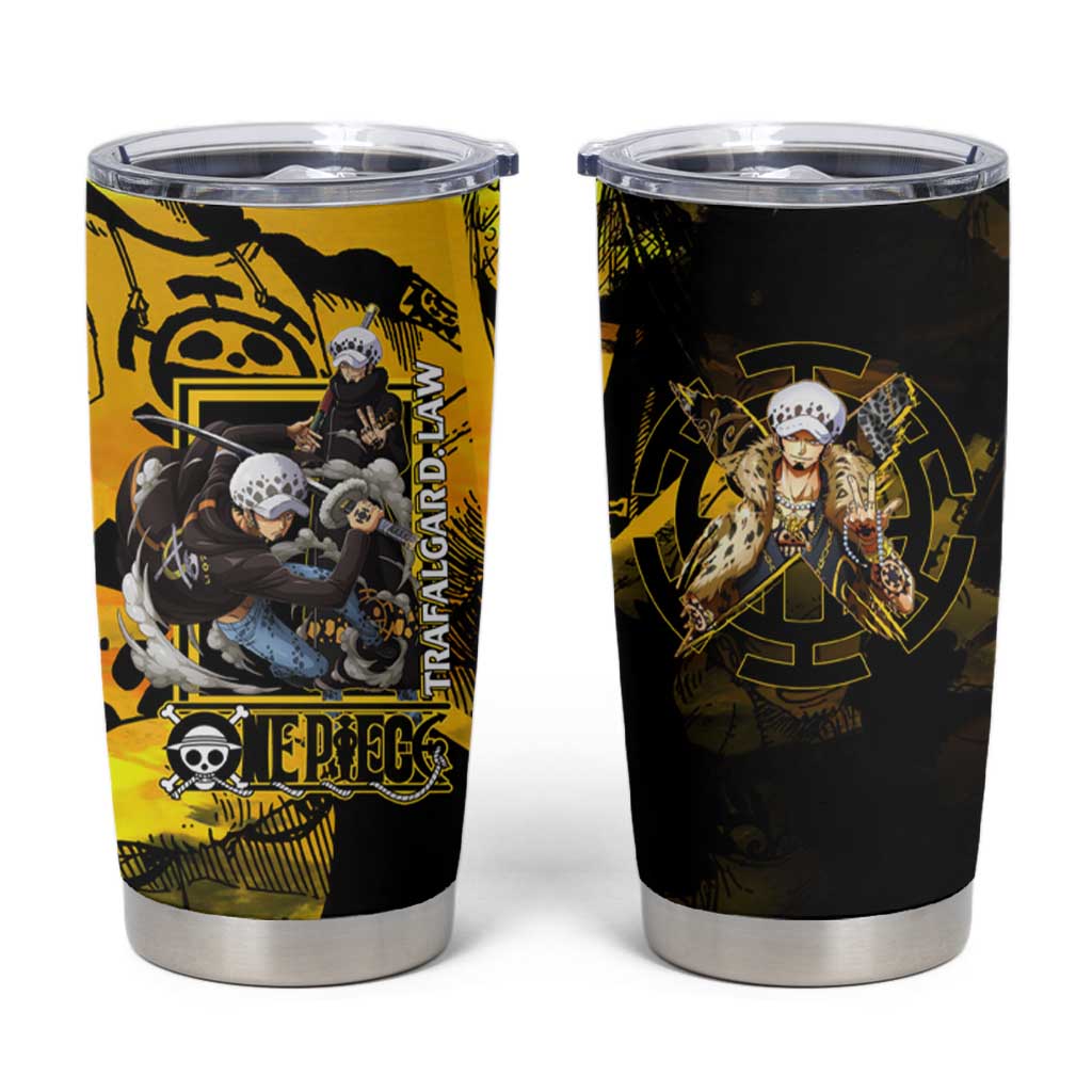 Trafalgar Law One Piece Yellow and Black Theme Tumbler Cup with Jolly Roger Symbol and Manga Panel Design - The Mazicc