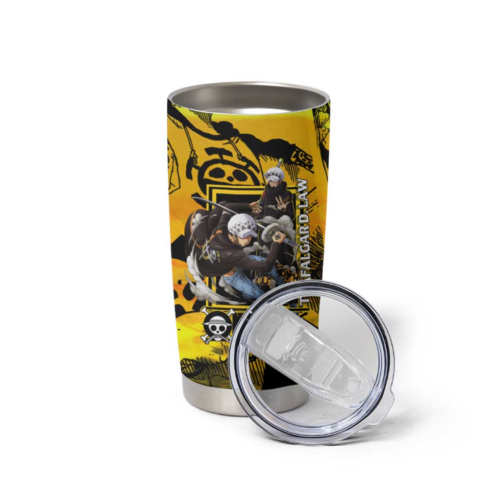 Trafalgar Law One Piece Yellow and Black Theme Tumbler Cup with Jolly Roger Symbol and Manga Panel Design - The Mazicc