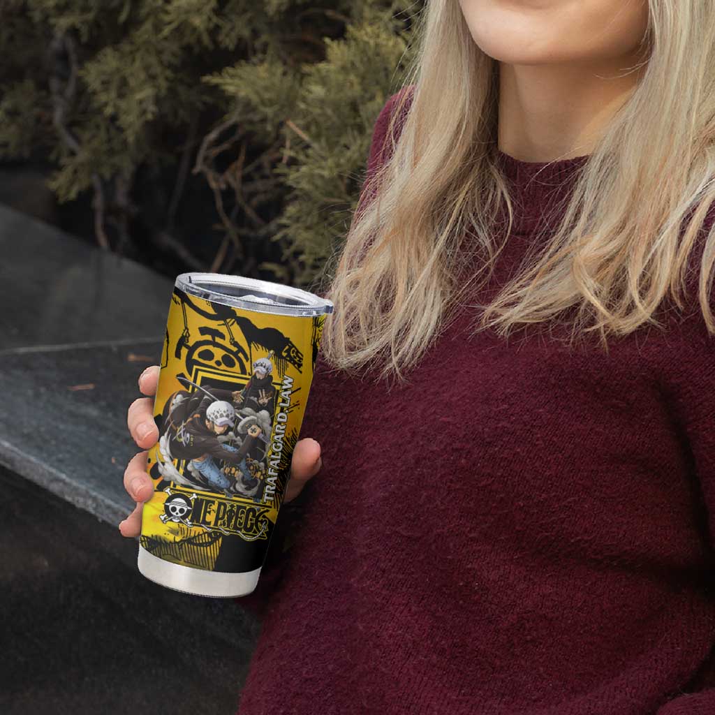 Trafalgar Law One Piece Yellow and Black Theme Tumbler Cup with Jolly Roger Symbol and Manga Panel Design - The Mazicc