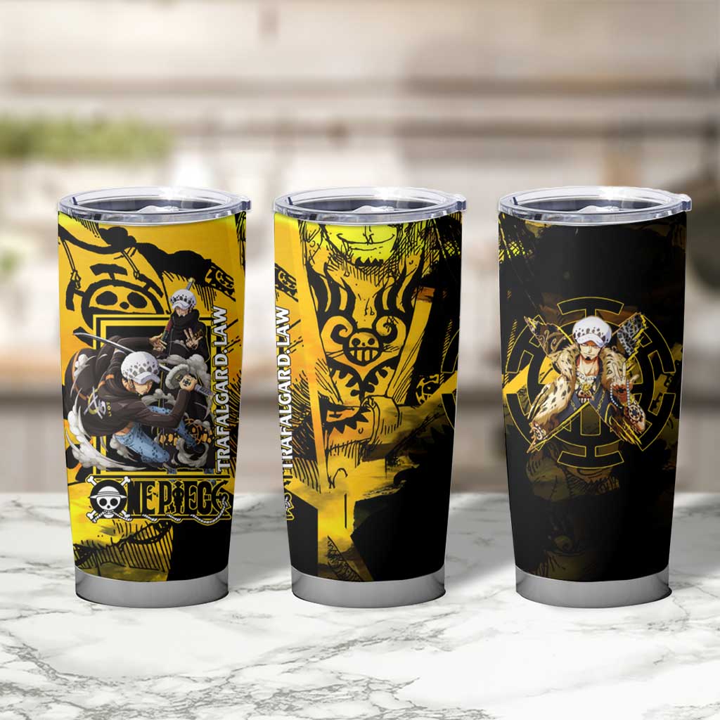 Trafalgar Law One Piece Yellow and Black Theme Tumbler Cup with Jolly Roger Symbol and Manga Panel Design - The Mazicc