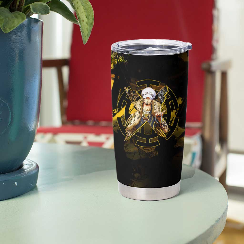 Trafalgar Law One Piece Yellow and Black Theme Tumbler Cup with Jolly Roger Symbol and Manga Panel Design - The Mazicc