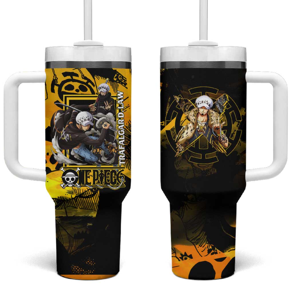 Trafalgar Law One Piece Yellow and Black Theme Tumbler With Handle with Jolly Roger Symbol and Manga Panel Design - The Mazicc