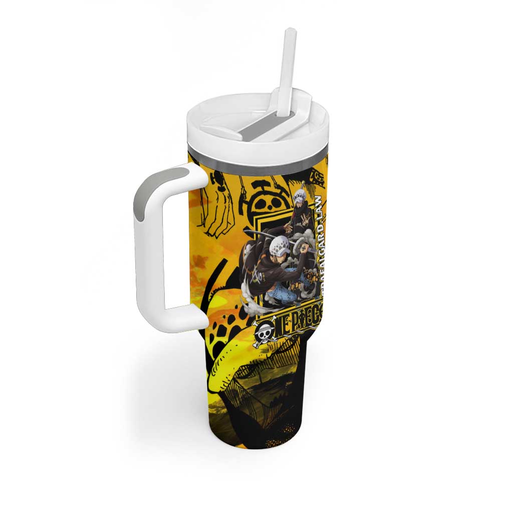 Trafalgar Law One Piece Yellow and Black Theme Tumbler With Handle with Jolly Roger Symbol and Manga Panel Design - The Mazicc