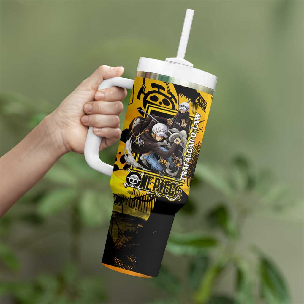 Trafalgar Law One Piece Yellow and Black Theme Tumbler With Handle with Jolly Roger Symbol and Manga Panel Design - The Mazicc