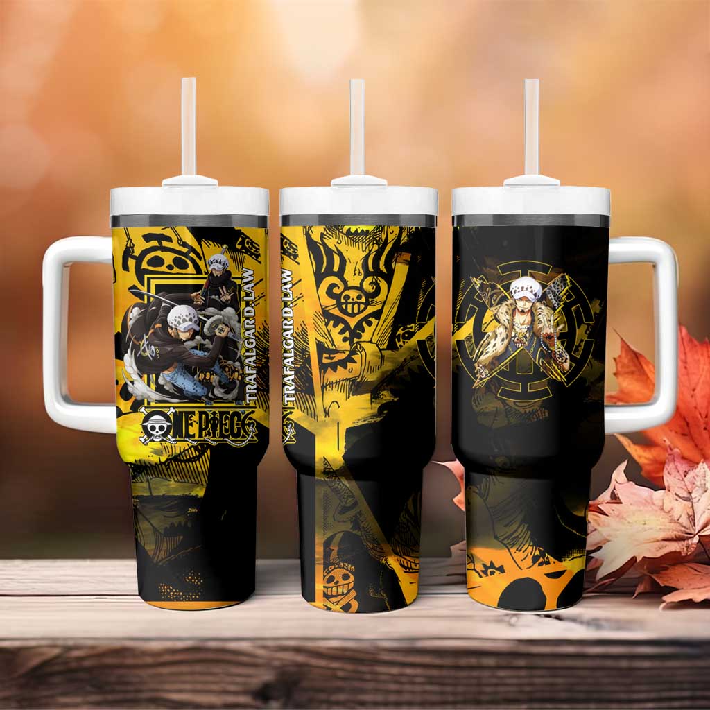 Trafalgar Law One Piece Yellow and Black Theme Tumbler With Handle with Jolly Roger Symbol and Manga Panel Design - The Mazicc