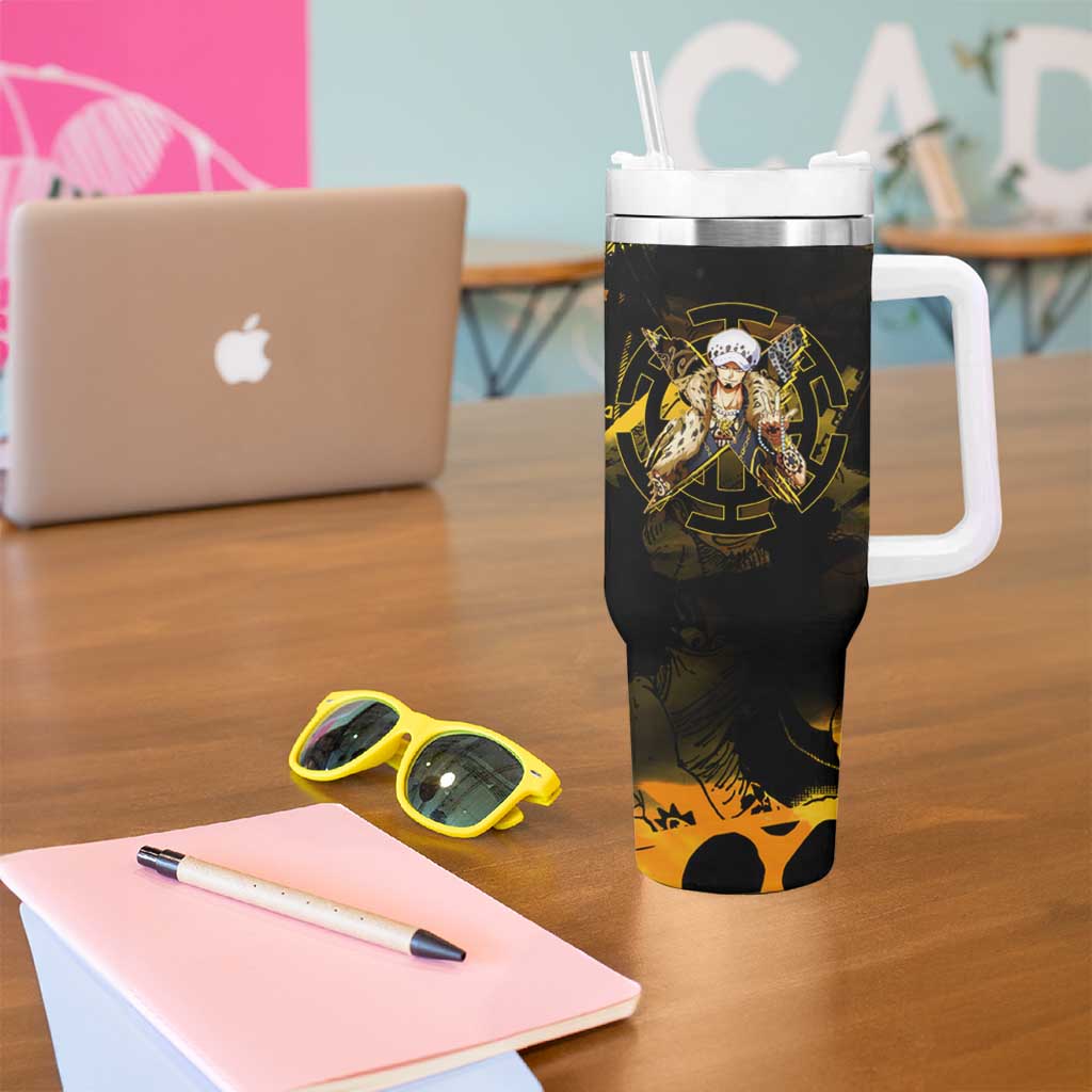 Trafalgar Law One Piece Yellow and Black Theme Tumbler With Handle with Jolly Roger Symbol and Manga Panel Design - The Mazicc