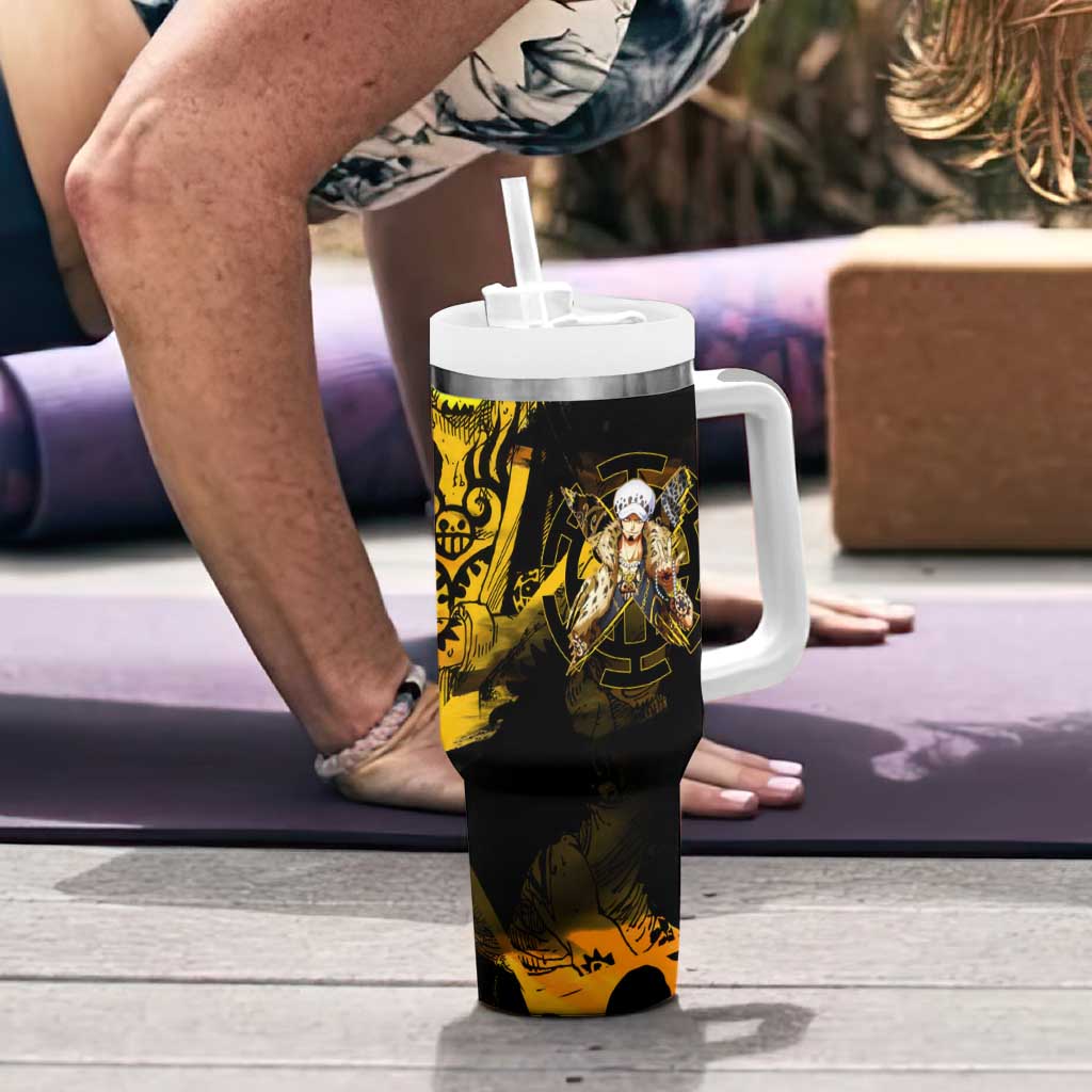 Trafalgar Law One Piece Yellow and Black Theme Tumbler With Handle with Jolly Roger Symbol and Manga Panel Design - The Mazicc