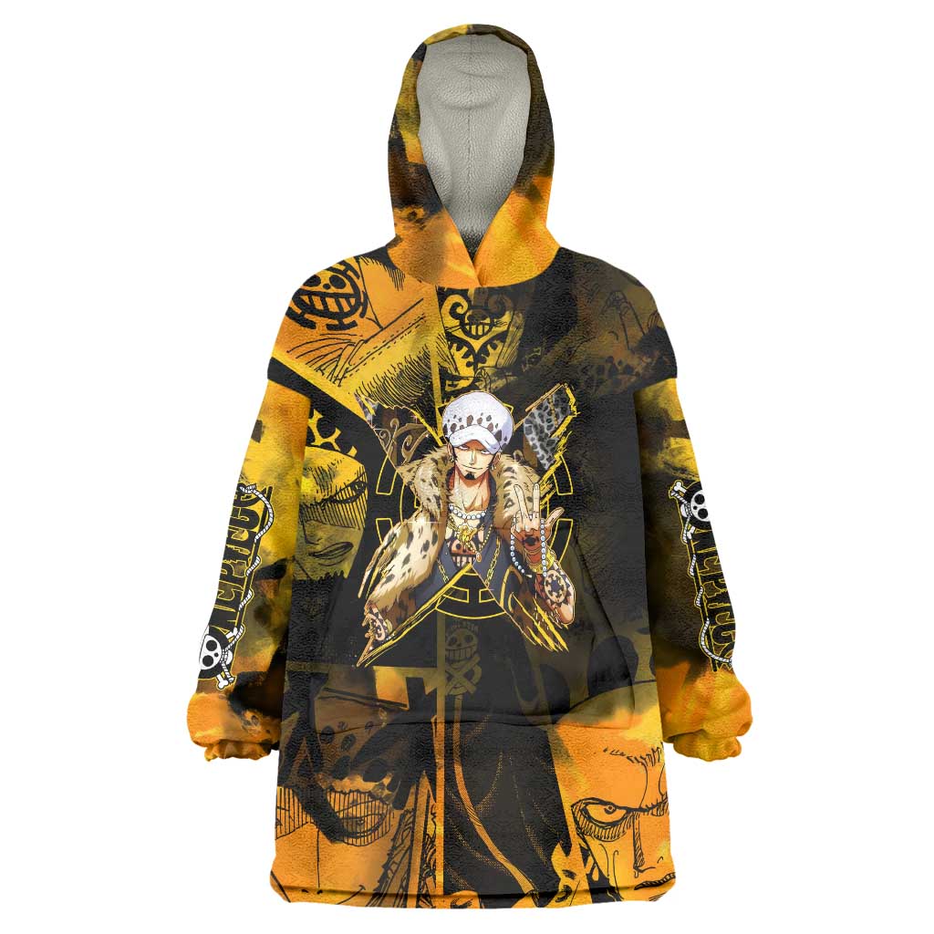 Trafalgar Law One Piece Yellow and Black Theme Wearable Blanket Hoodie with Jolly Roger Symbol and Manga Panel Design - The Mazicc