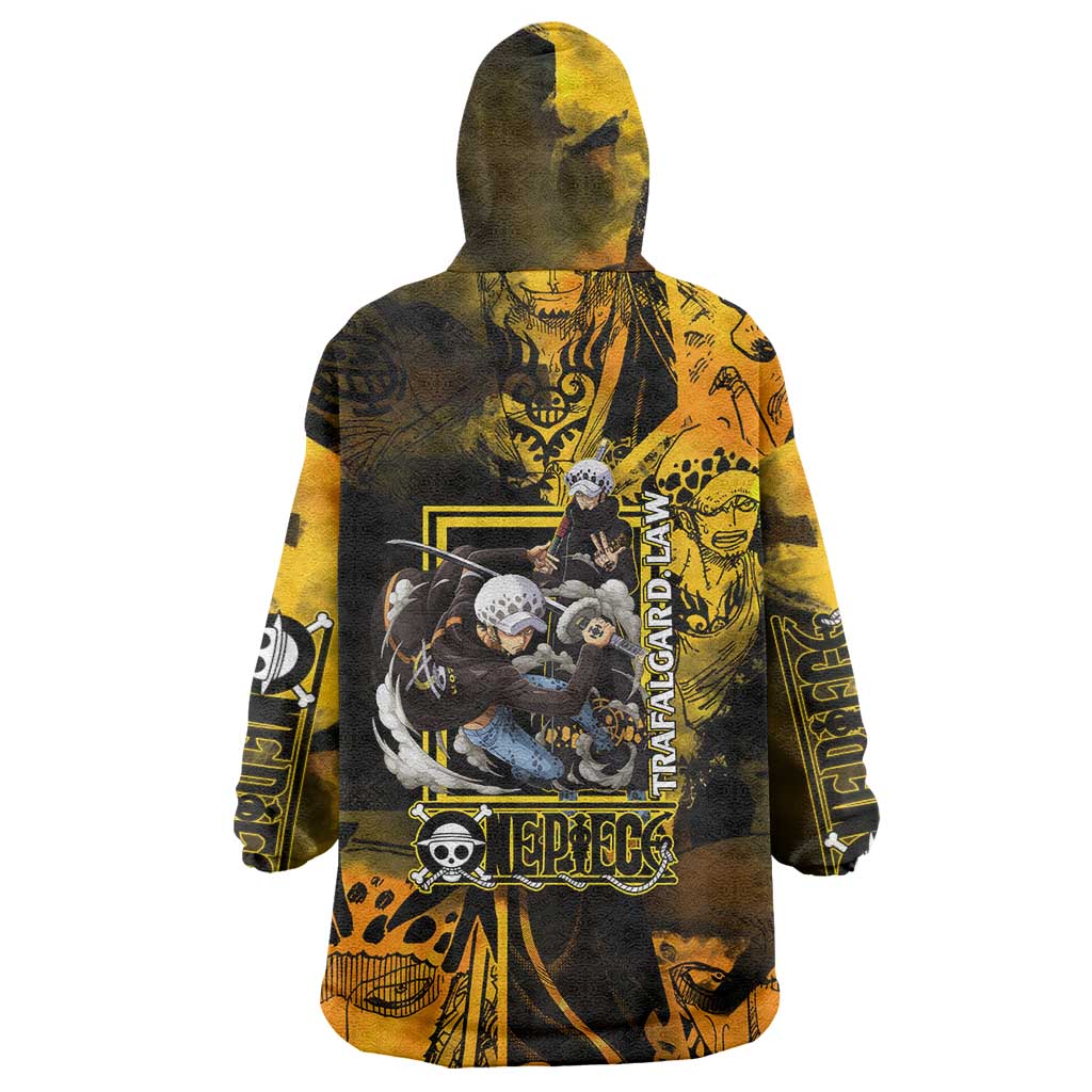 Trafalgar Law One Piece Yellow and Black Theme Wearable Blanket Hoodie with Jolly Roger Symbol and Manga Panel Design - The Mazicc