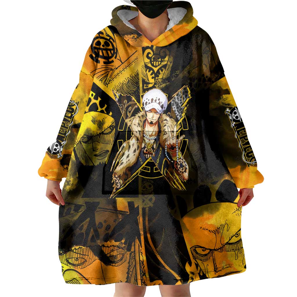 Trafalgar Law One Piece Yellow and Black Theme Wearable Blanket Hoodie with Jolly Roger Symbol and Manga Panel Design - The Mazicc