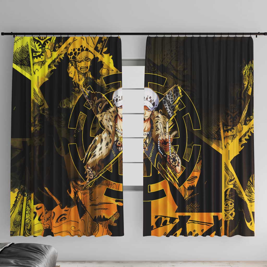 Trafalgar Law One Piece Yellow and Black Theme Window Curtain with Jolly Roger Symbol and Manga Panel Design - The Mazicc