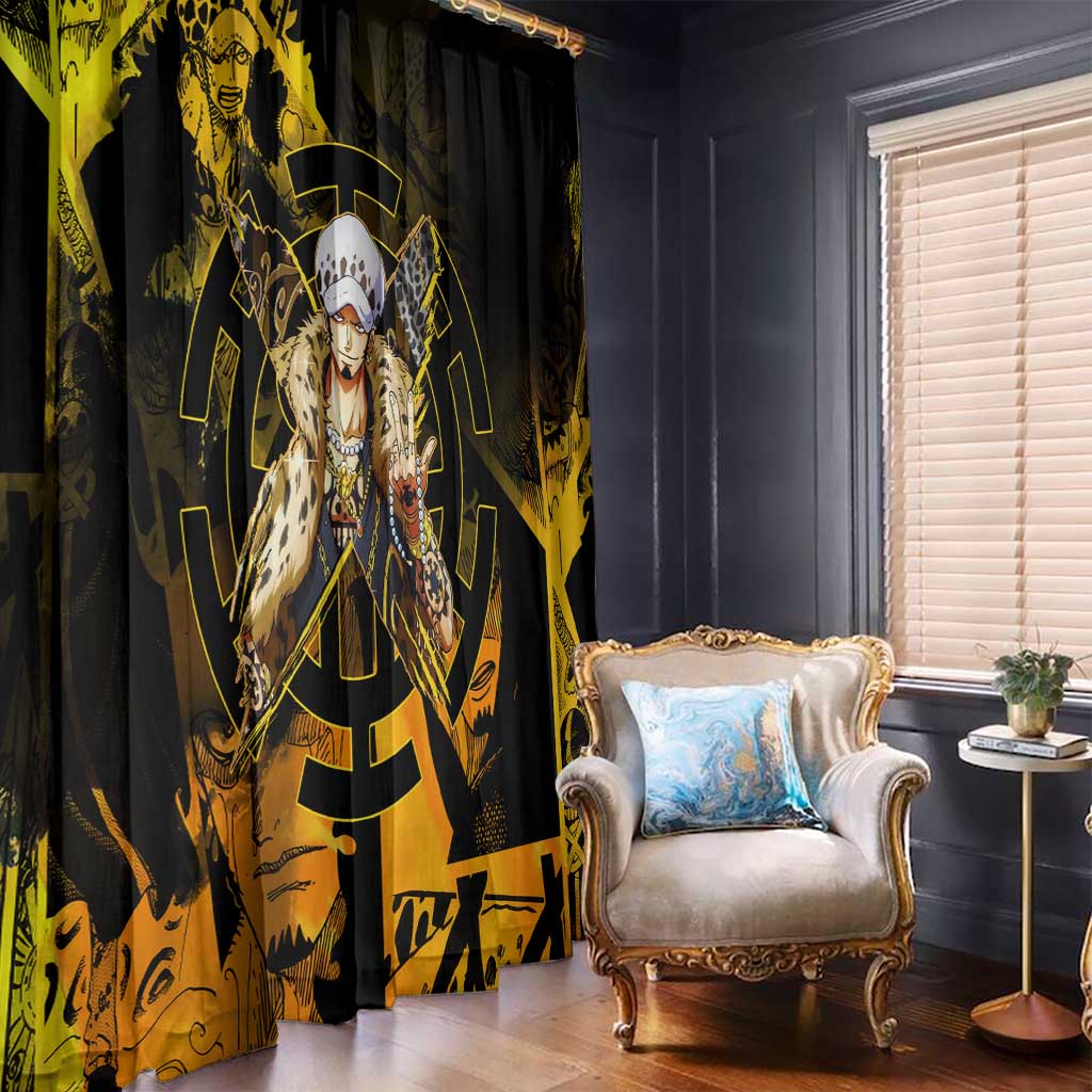 Trafalgar Law One Piece Yellow and Black Theme Window Curtain with Jolly Roger Symbol and Manga Panel Design - The Mazicc