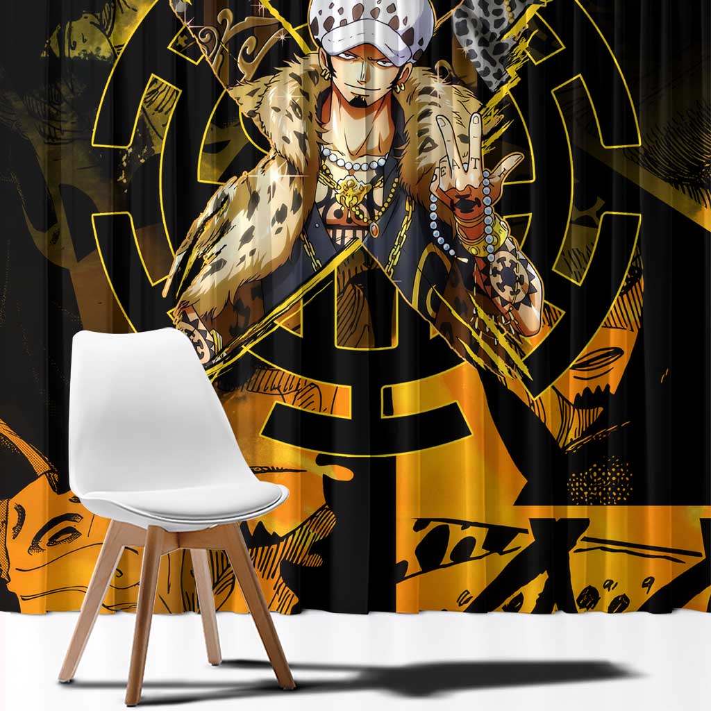 Trafalgar Law One Piece Yellow and Black Theme Window Curtain with Jolly Roger Symbol and Manga Panel Design - The Mazicc