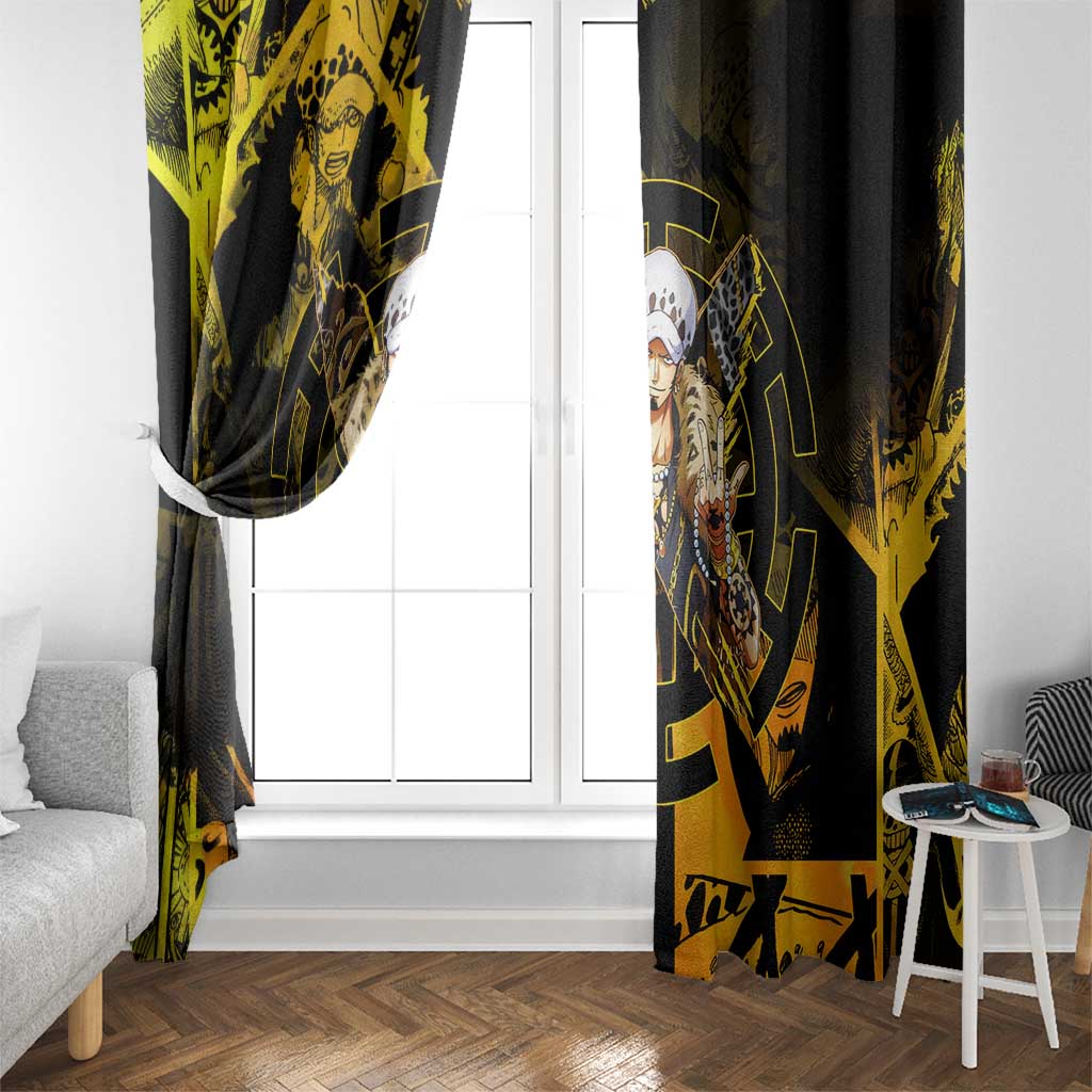 Trafalgar Law One Piece Yellow and Black Theme Window Curtain with Jolly Roger Symbol and Manga Panel Design - The Mazicc