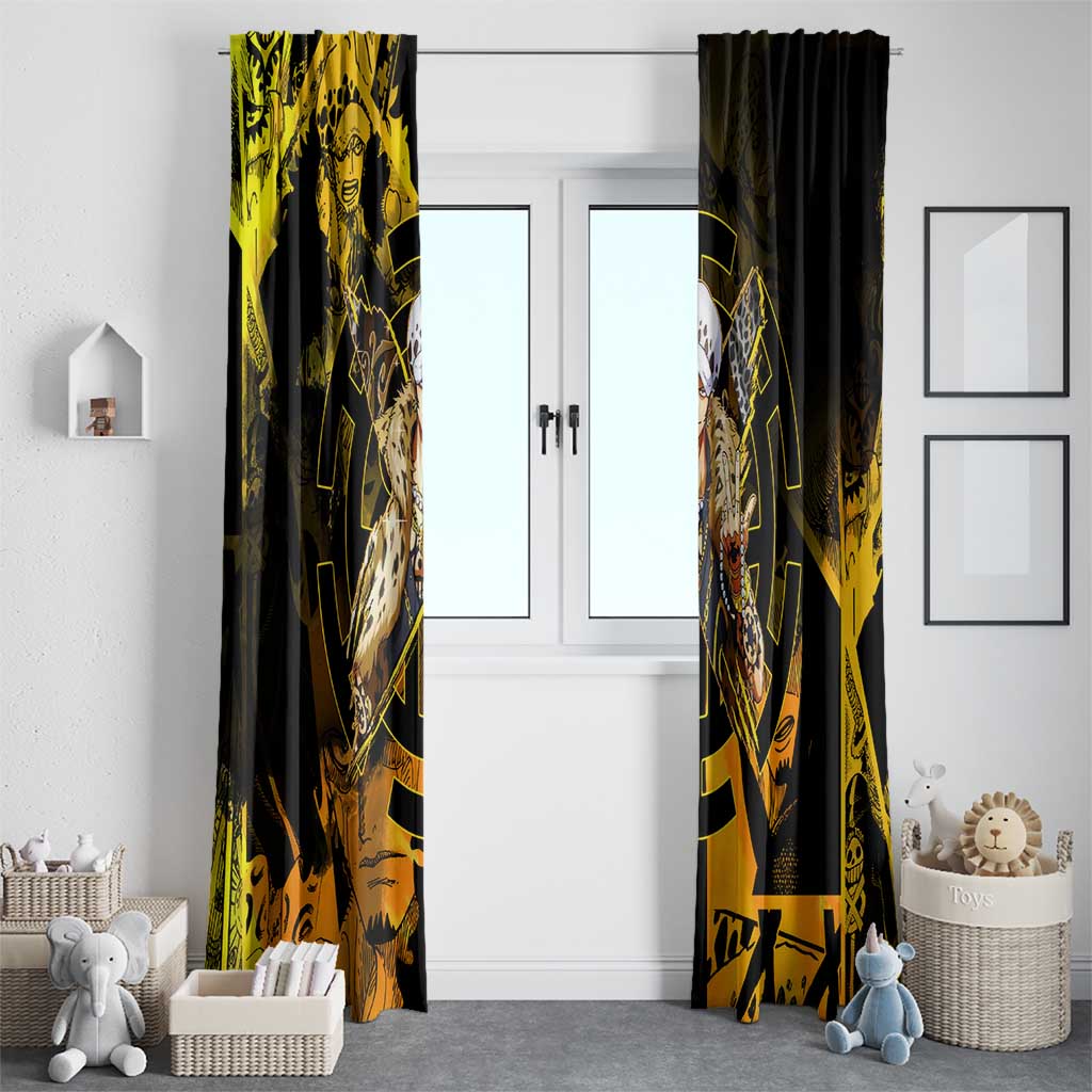 Trafalgar Law One Piece Yellow and Black Theme Window Curtain with Jolly Roger Symbol and Manga Panel Design - The Mazicc