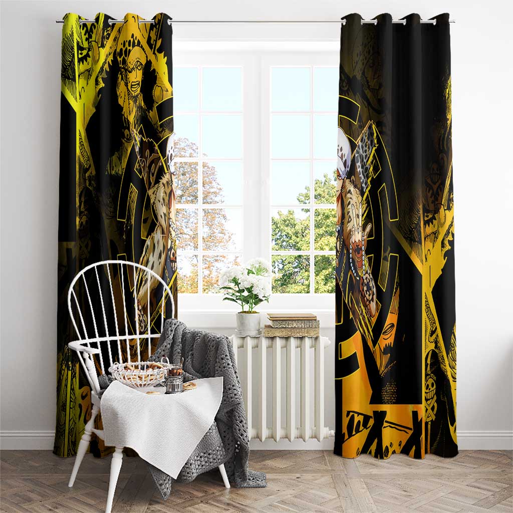 Trafalgar Law One Piece Yellow and Black Theme Window Curtain with Jolly Roger Symbol and Manga Panel Design - The Mazicc