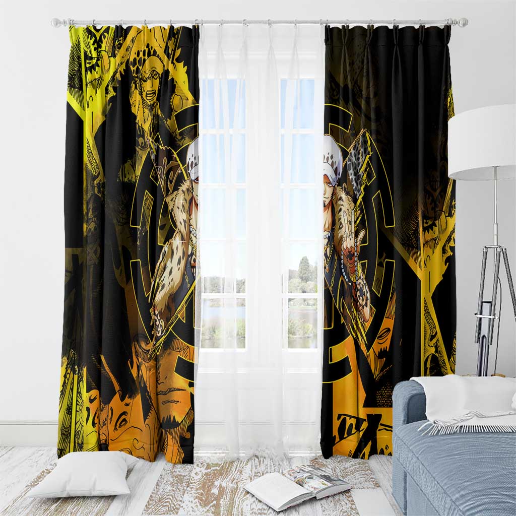 Trafalgar Law One Piece Yellow and Black Theme Window Curtain with Jolly Roger Symbol and Manga Panel Design - The Mazicc