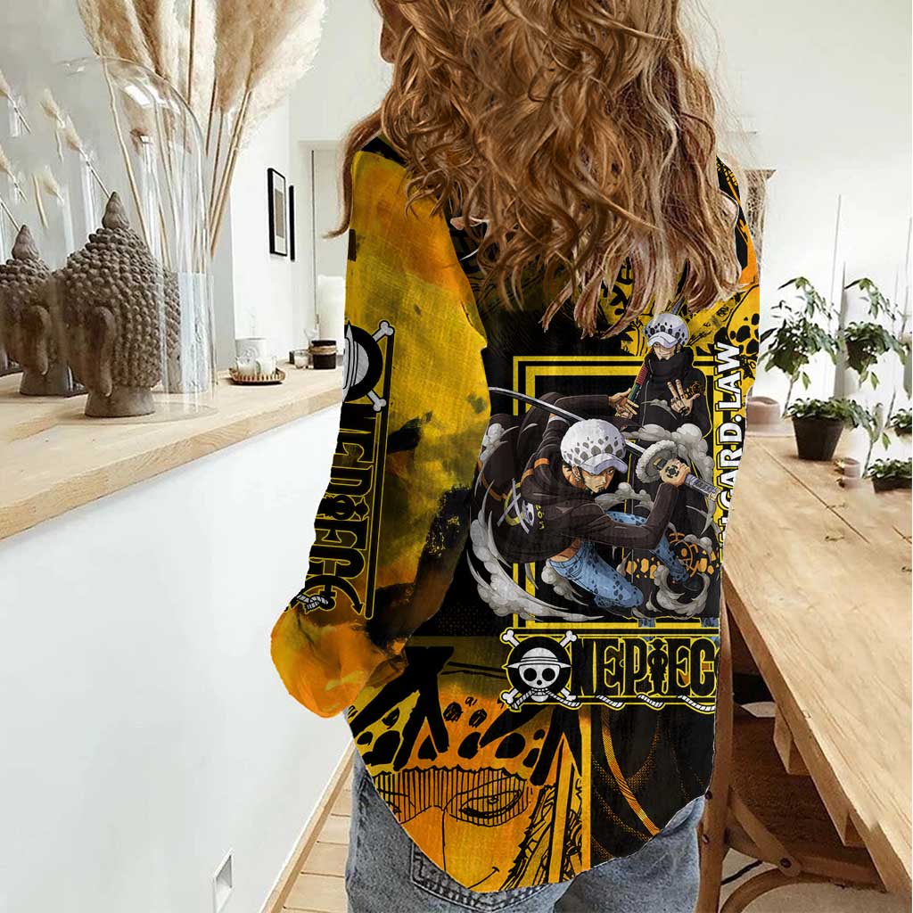 Trafalgar Law One Piece Yellow and Black Theme Women Casual Shirt with Jolly Roger Symbol and Manga Panel Design - The Mazicc