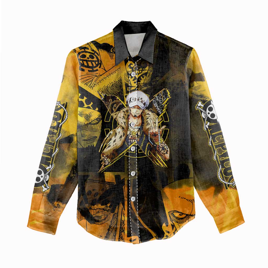 Trafalgar Law One Piece Yellow and Black Theme Women Casual Shirt with Jolly Roger Symbol and Manga Panel Design - The Mazicc