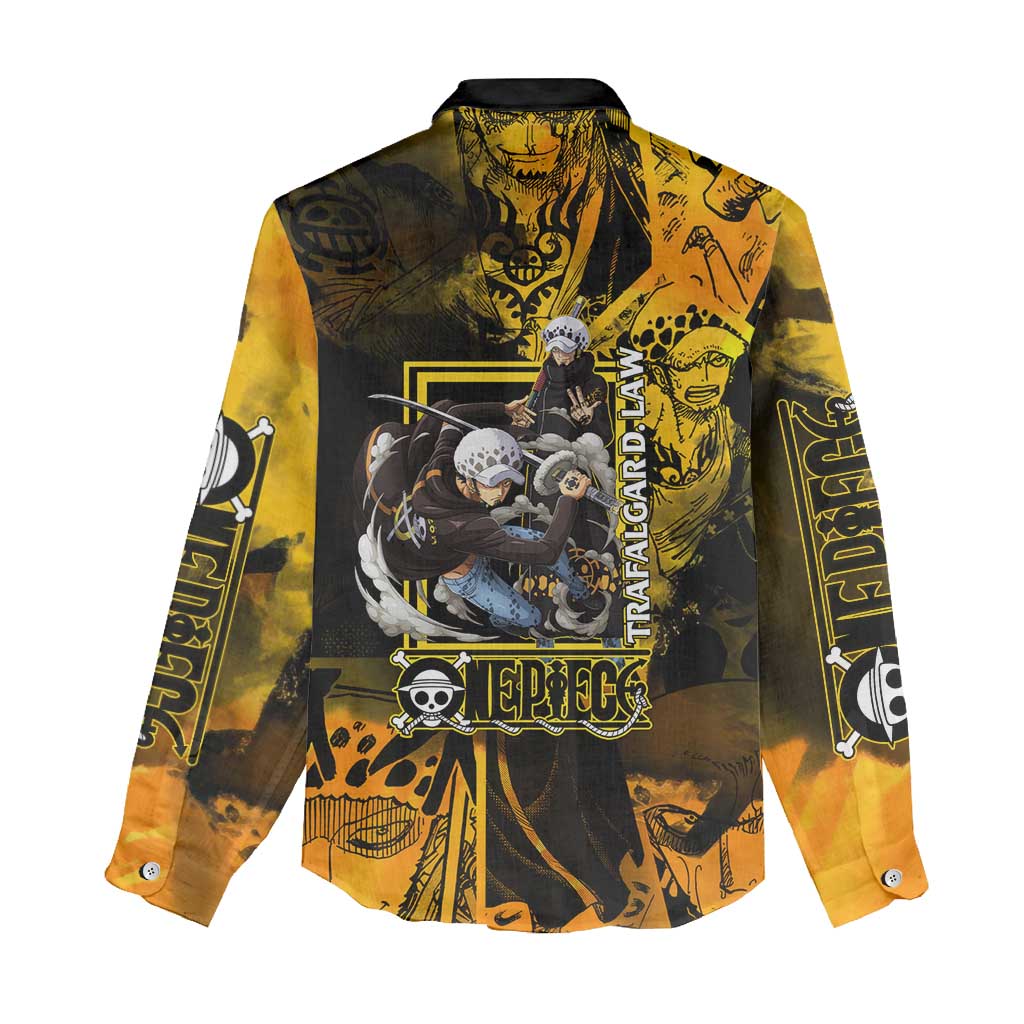Trafalgar Law One Piece Yellow and Black Theme Women Casual Shirt with Jolly Roger Symbol and Manga Panel Design - The Mazicc