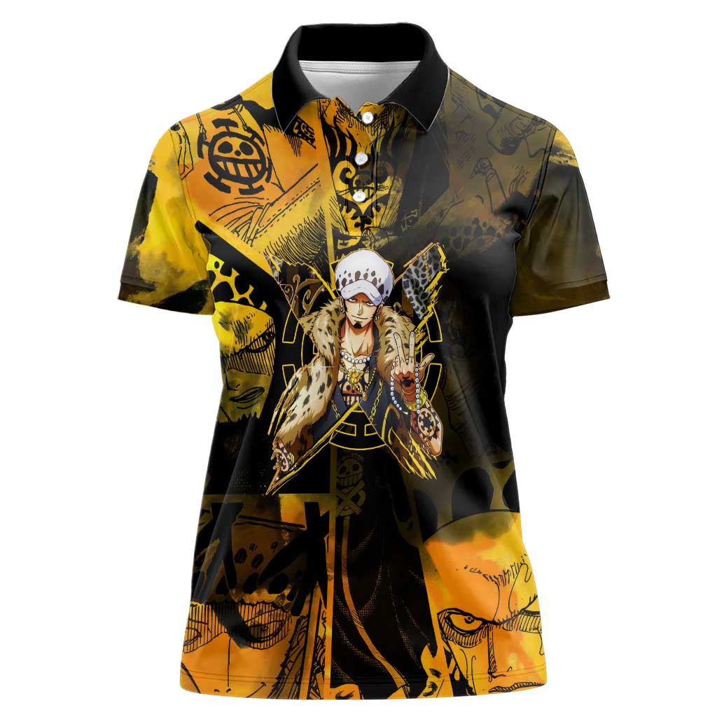 Trafalgar Law One Piece Yellow and Black Theme Women Polo Shirt with Jolly Roger Symbol and Manga Panel Design - The Mazicc