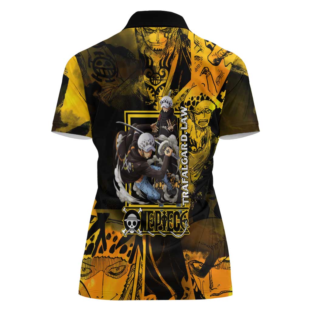 Trafalgar Law One Piece Yellow and Black Theme Women Polo Shirt with Jolly Roger Symbol and Manga Panel Design - The Mazicc