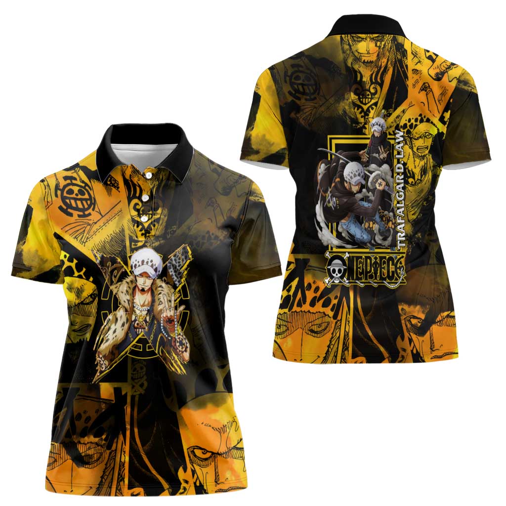 Trafalgar Law One Piece Yellow and Black Theme Women Polo Shirt with Jolly Roger Symbol and Manga Panel Design - The Mazicc
