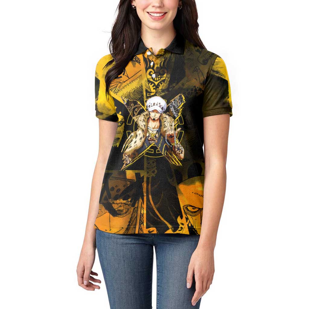 Trafalgar Law One Piece Yellow and Black Theme Women Polo Shirt with Jolly Roger Symbol and Manga Panel Design - The Mazicc