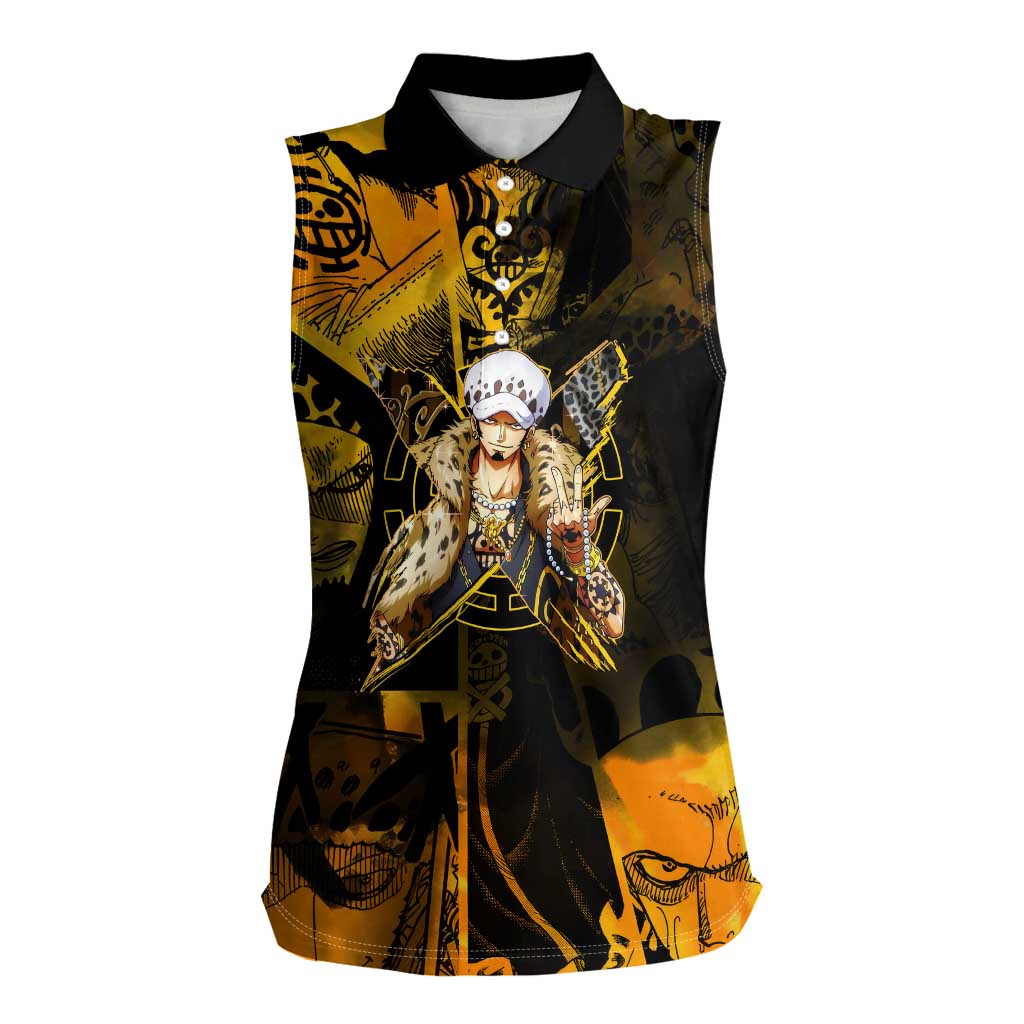 Trafalgar Law One Piece Yellow and Black Theme Women Sleeveless Polo Shirt with Jolly Roger Symbol and Manga Panel Design - The Mazicc