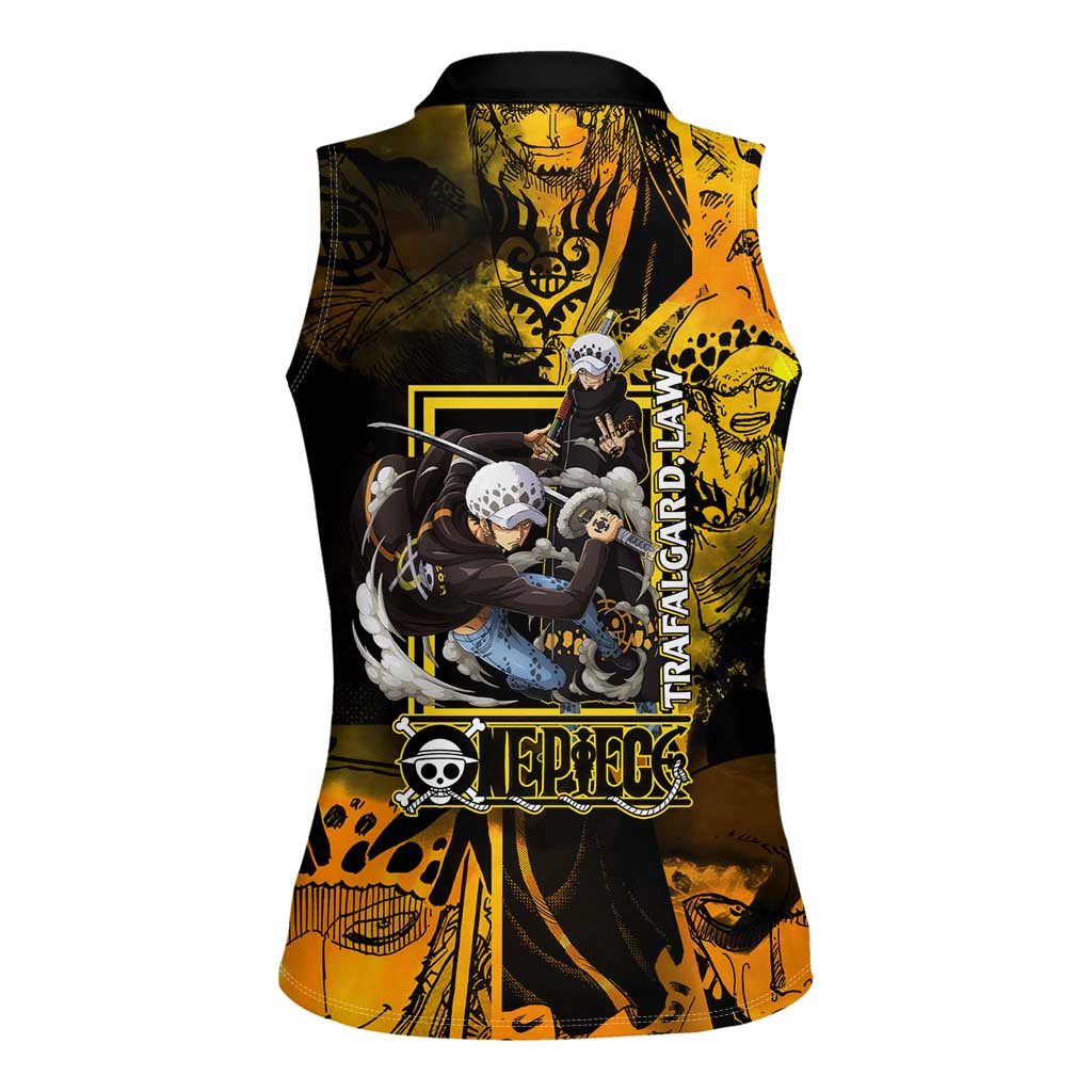 Trafalgar Law One Piece Yellow and Black Theme Women Sleeveless Polo Shirt with Jolly Roger Symbol and Manga Panel Design - The Mazicc