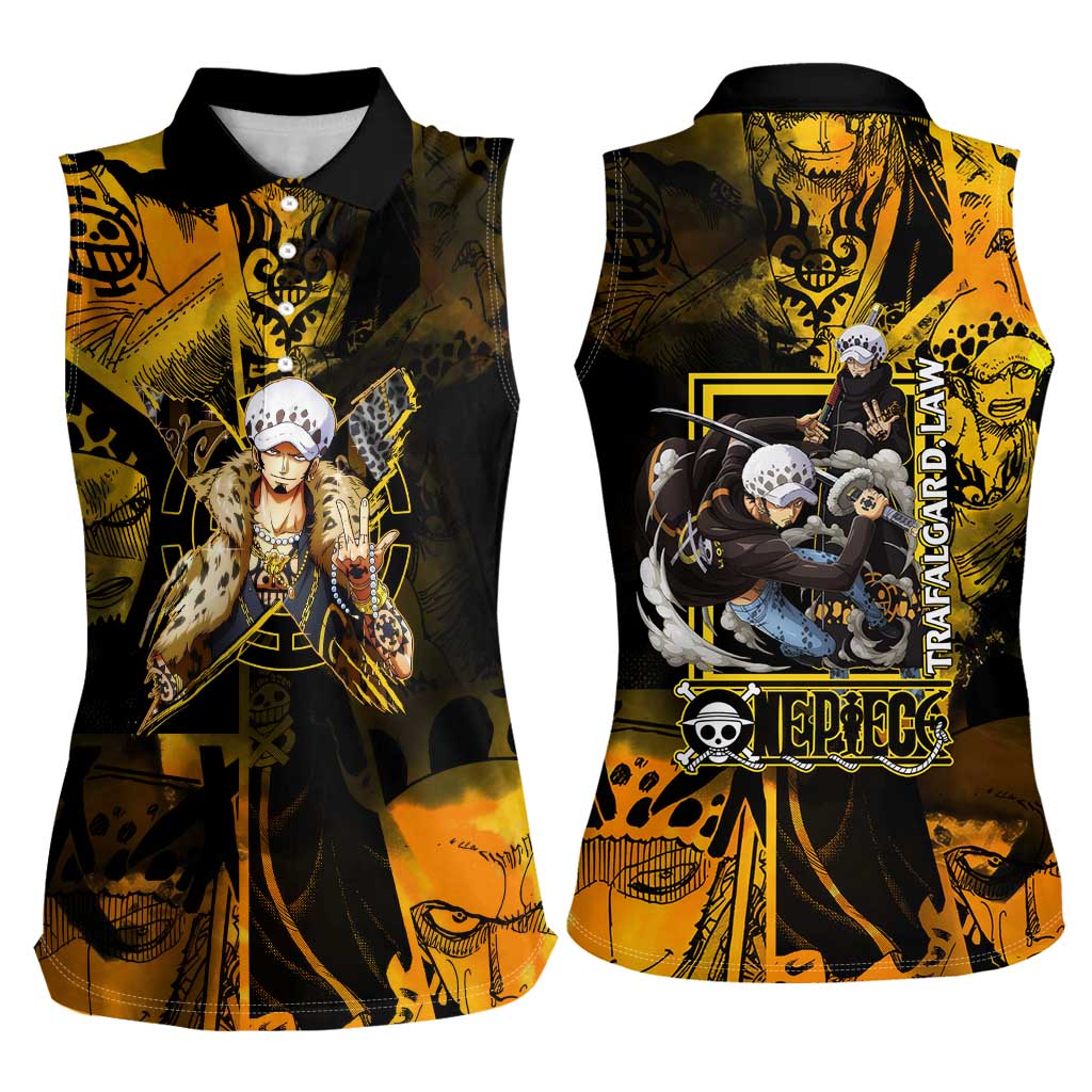 Trafalgar Law One Piece Yellow and Black Theme Women Sleeveless Polo Shirt with Jolly Roger Symbol and Manga Panel Design - The Mazicc