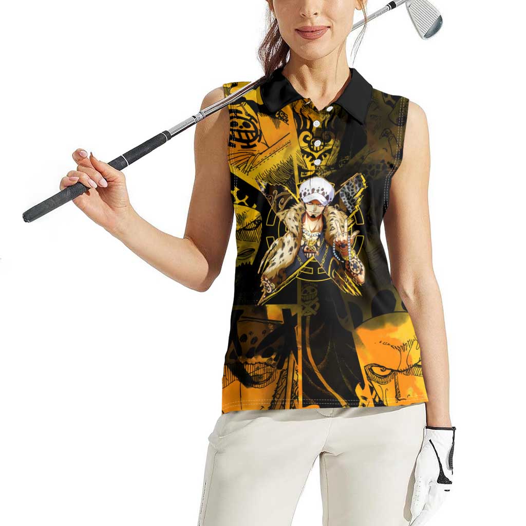 Trafalgar Law One Piece Yellow and Black Theme Women Sleeveless Polo Shirt with Jolly Roger Symbol and Manga Panel Design - The Mazicc