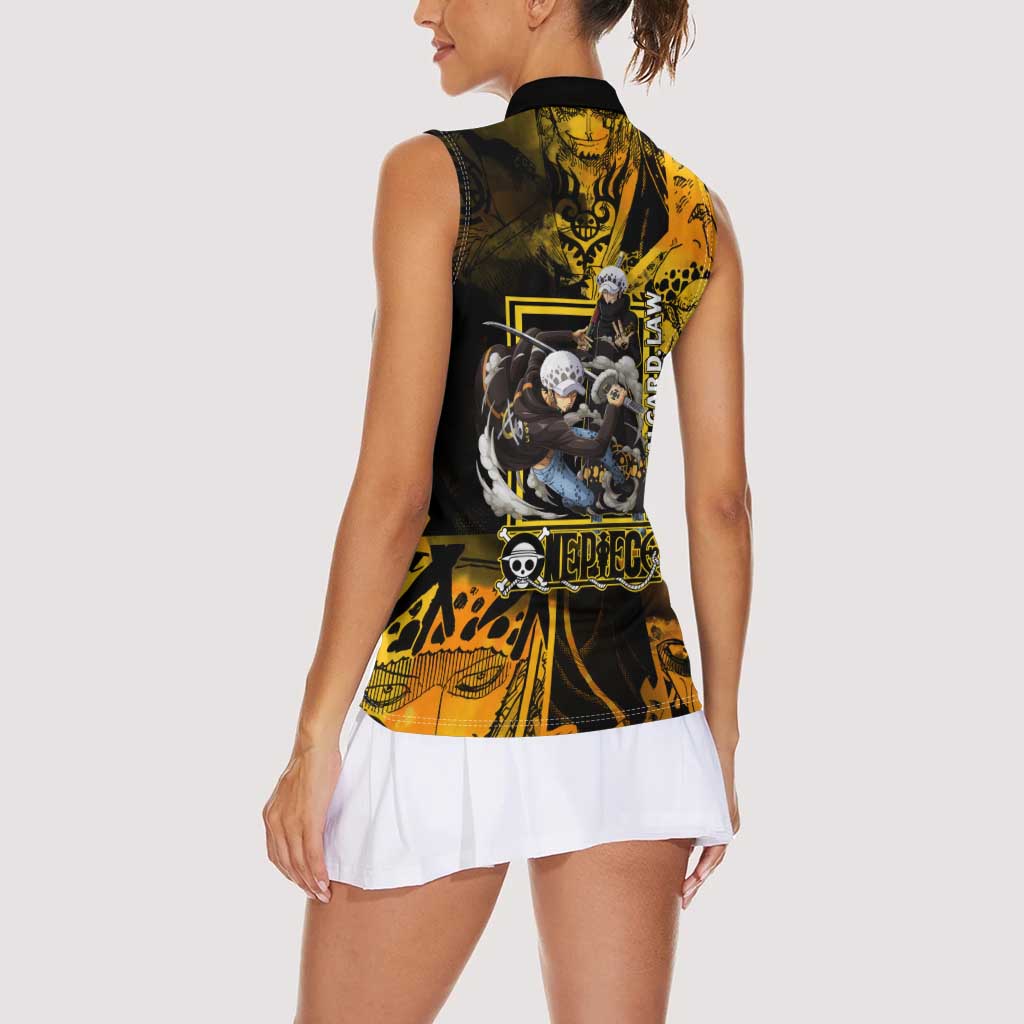 Trafalgar Law One Piece Yellow and Black Theme Women Sleeveless Polo Shirt with Jolly Roger Symbol and Manga Panel Design - The Mazicc