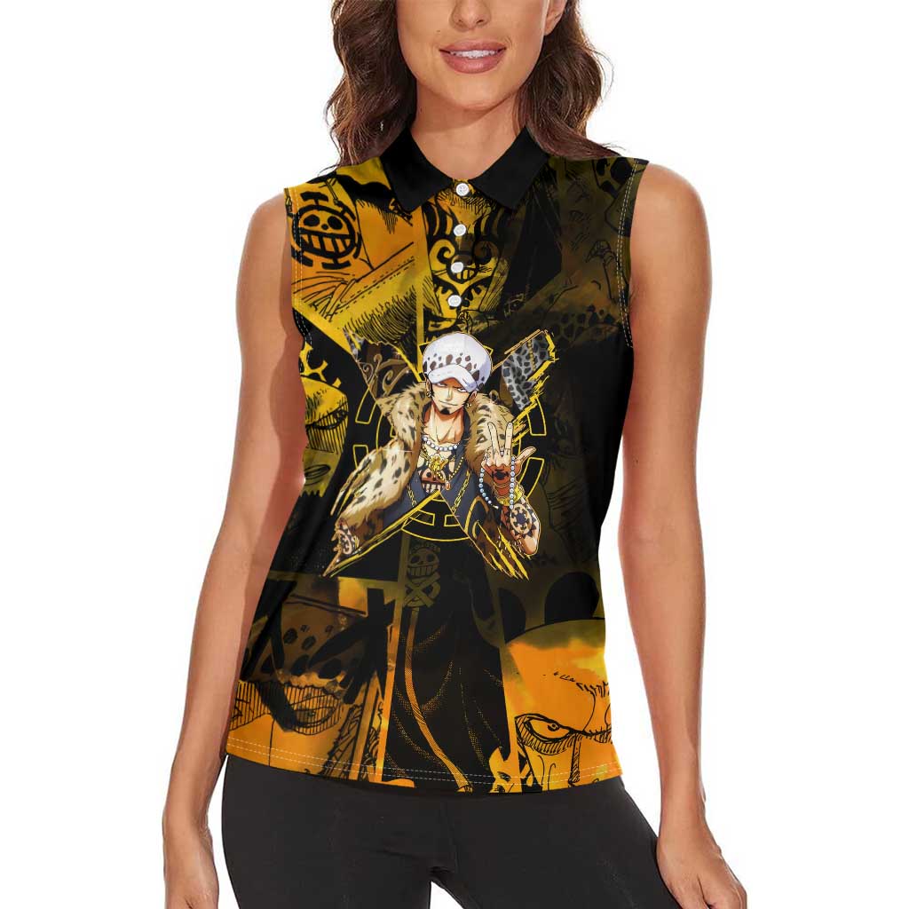 Trafalgar Law One Piece Yellow and Black Theme Women Sleeveless Polo Shirt with Jolly Roger Symbol and Manga Panel Design - The Mazicc