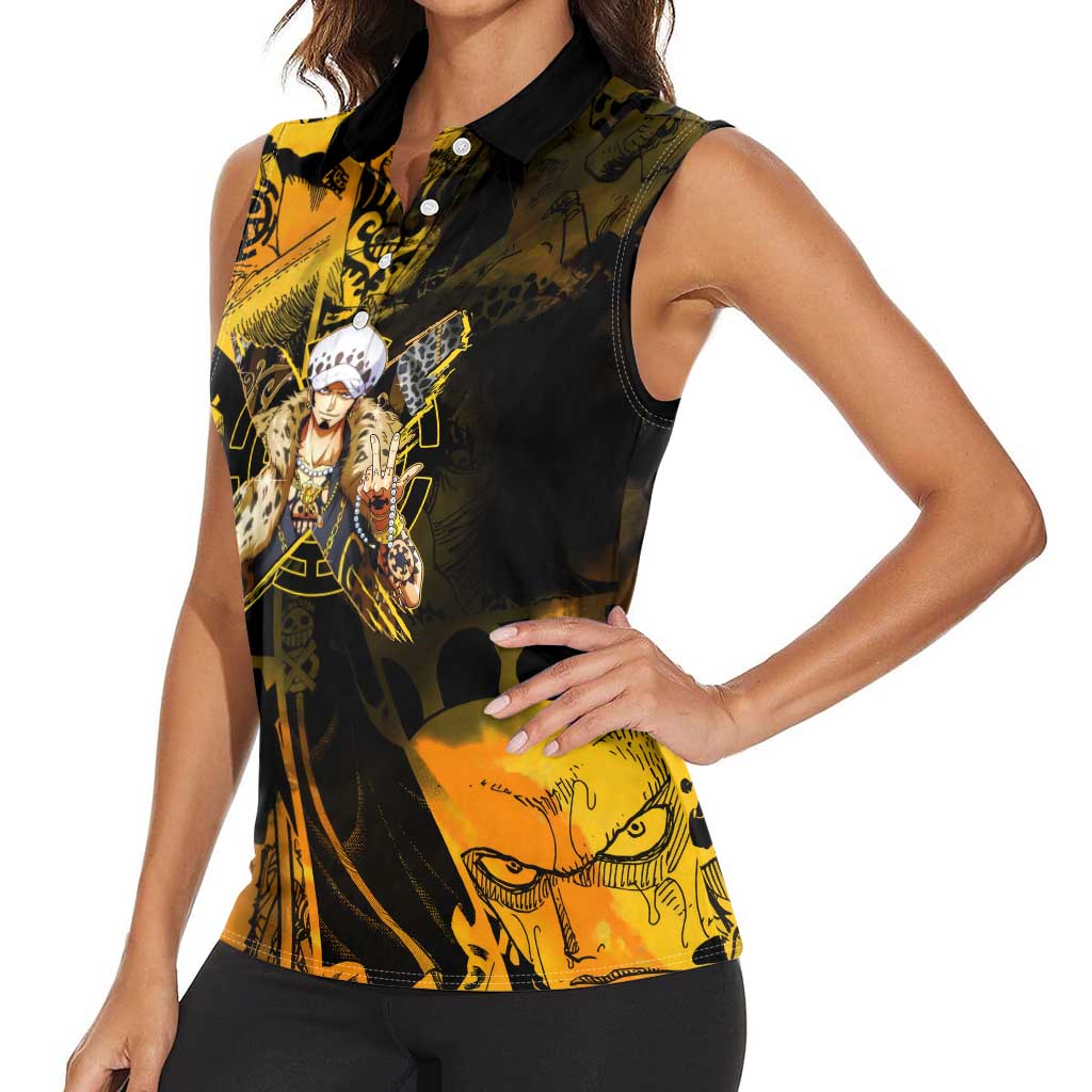 Trafalgar Law One Piece Yellow and Black Theme Women Sleeveless Polo Shirt with Jolly Roger Symbol and Manga Panel Design - The Mazicc