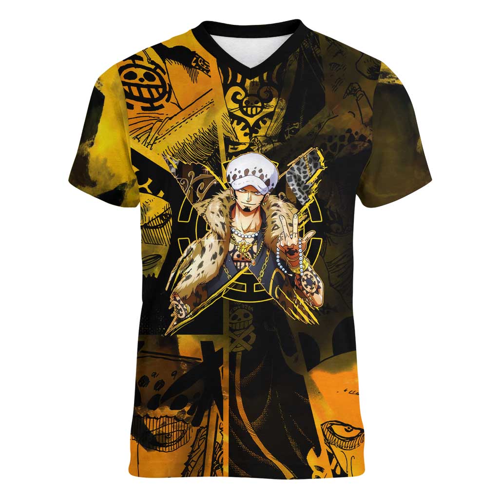 Trafalgar Law One Piece Yellow and Black Theme Women V-Neck T-Shirt with Jolly Roger Symbol and Manga Panel Design - The Mazicc