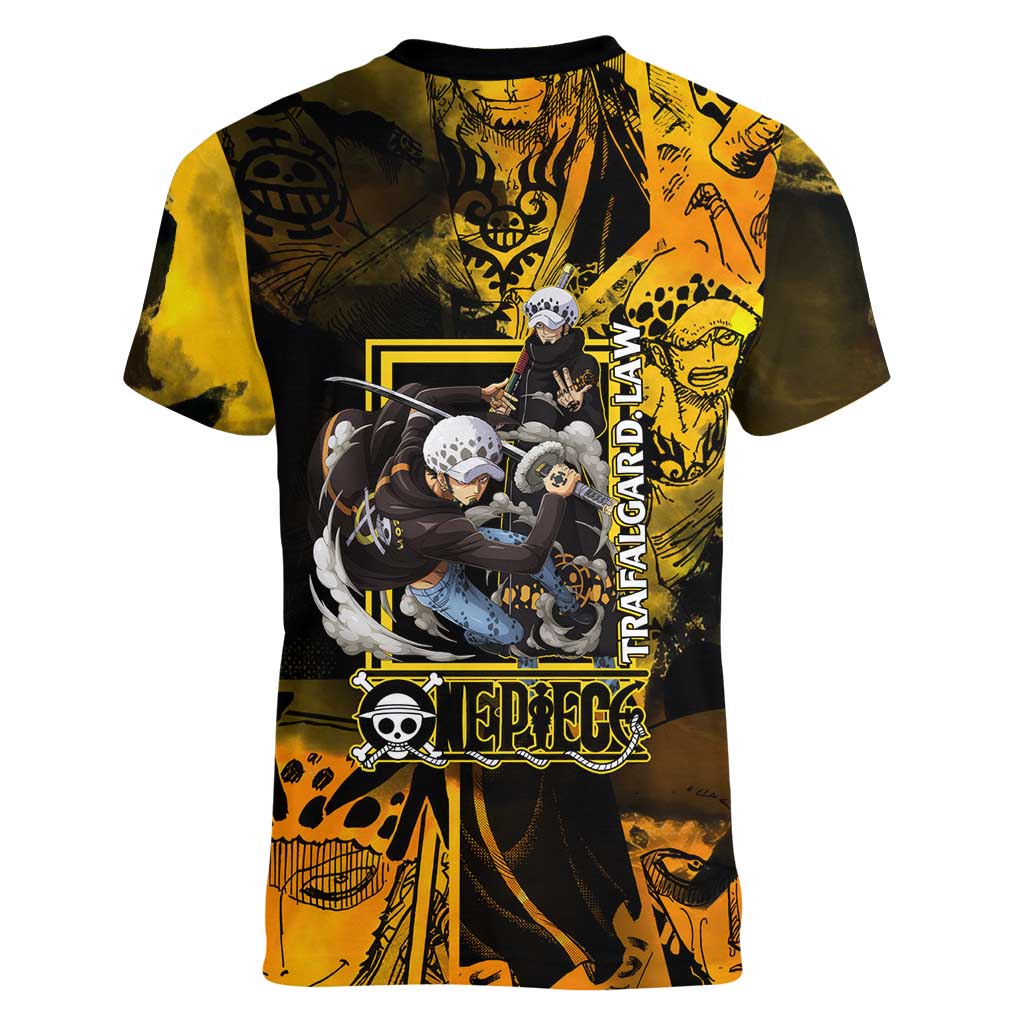 Trafalgar Law One Piece Yellow and Black Theme Women V-Neck T-Shirt with Jolly Roger Symbol and Manga Panel Design - The Mazicc