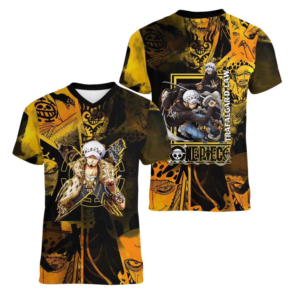 Trafalgar Law One Piece Yellow and Black Theme Women V-Neck T-Shirt with Jolly Roger Symbol and Manga Panel Design - The Mazicc