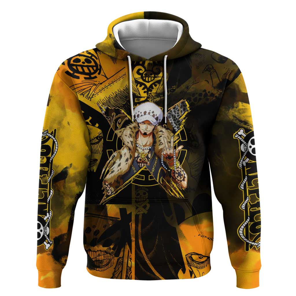 Trafalgar Law One Piece Yellow and Black Theme Zip Hoodie with Jolly Roger Symbol and Manga Panel Design - The Mazicc