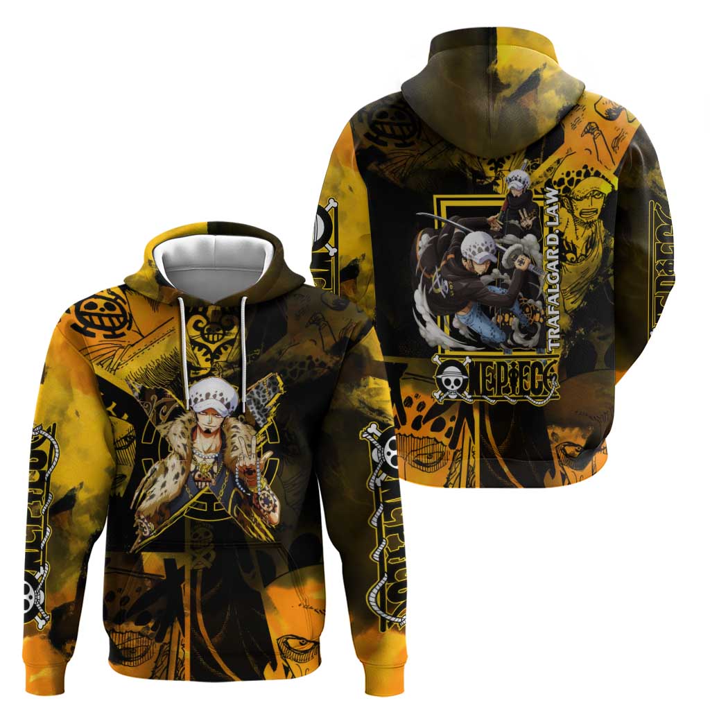 Trafalgar Law One Piece Yellow and Black Theme Zip Hoodie with Jolly Roger Symbol and Manga Panel Design - The Mazicc