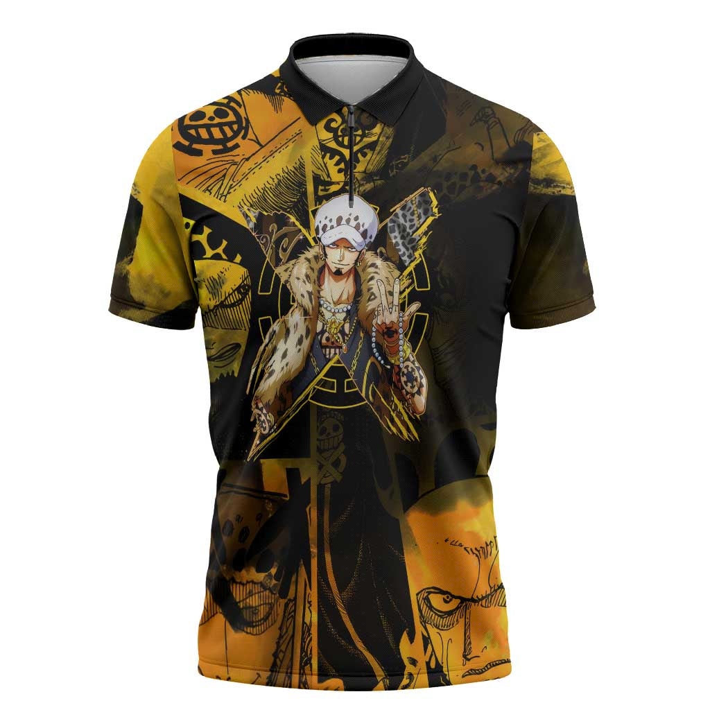 Trafalgar Law One Piece Yellow and Black Theme Zipper Polo Shirt with Jolly Roger Symbol and Manga Panel Design - The Mazicc