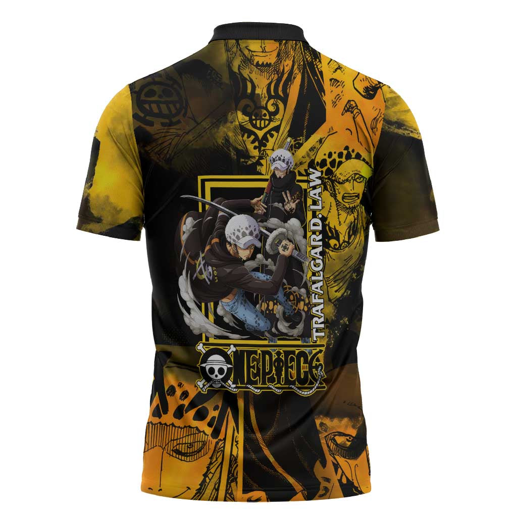 Trafalgar Law One Piece Yellow and Black Theme Zipper Polo Shirt with Jolly Roger Symbol and Manga Panel Design - The Mazicc