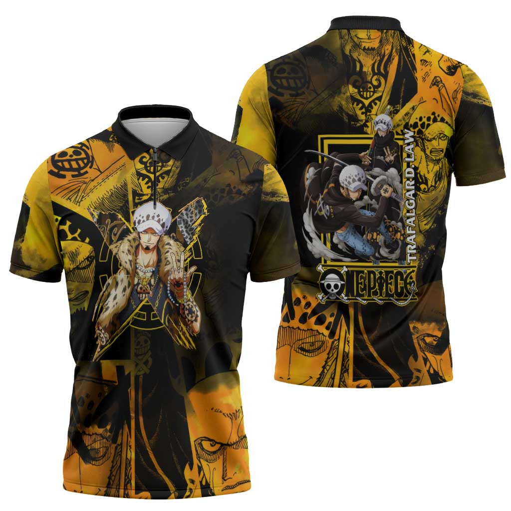 Trafalgar Law One Piece Yellow and Black Theme Zipper Polo Shirt with Jolly Roger Symbol and Manga Panel Design - The Mazicc