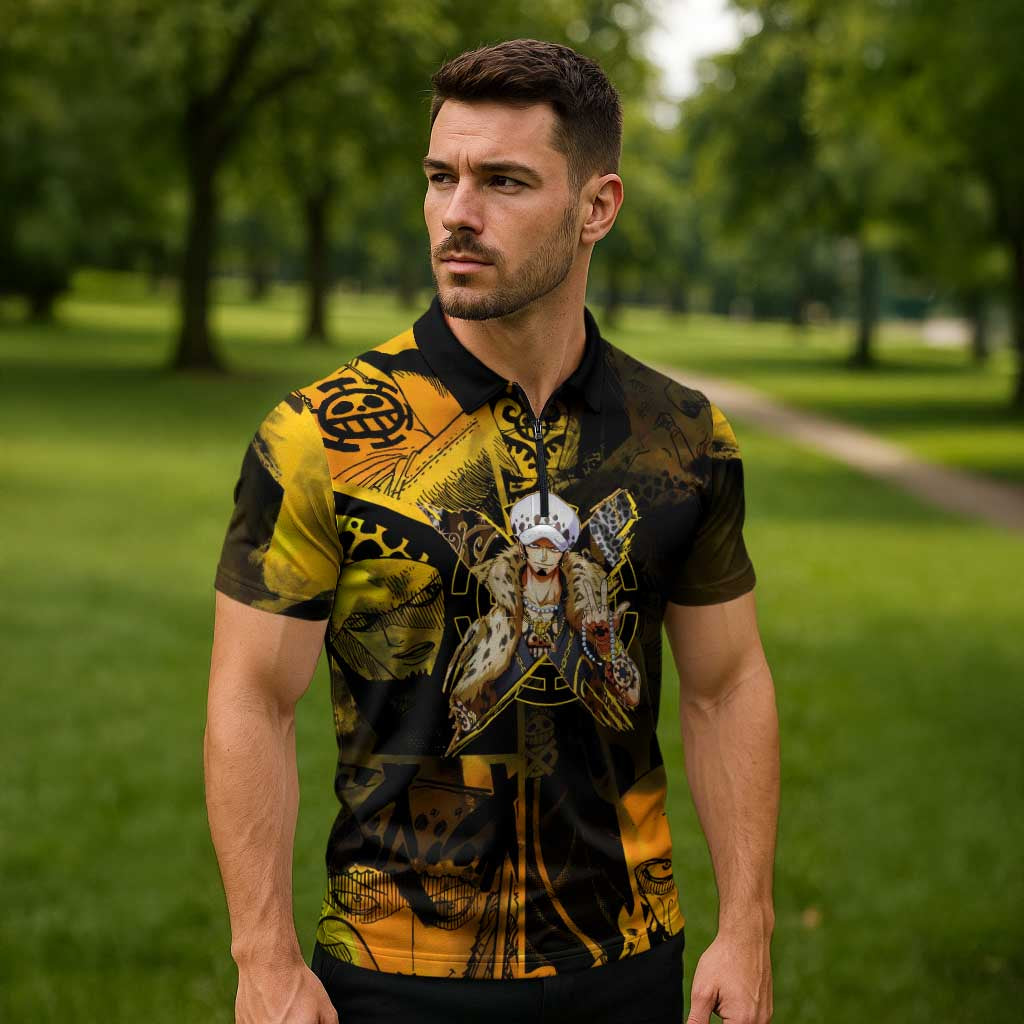 Trafalgar Law One Piece Yellow and Black Theme Zipper Polo Shirt with Jolly Roger Symbol and Manga Panel Design - The Mazicc