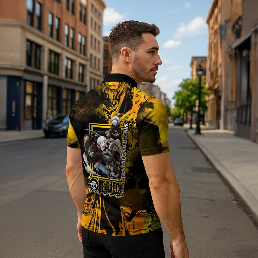 Trafalgar Law One Piece Yellow and Black Theme Zipper Polo Shirt with Jolly Roger Symbol and Manga Panel Design - The Mazicc
