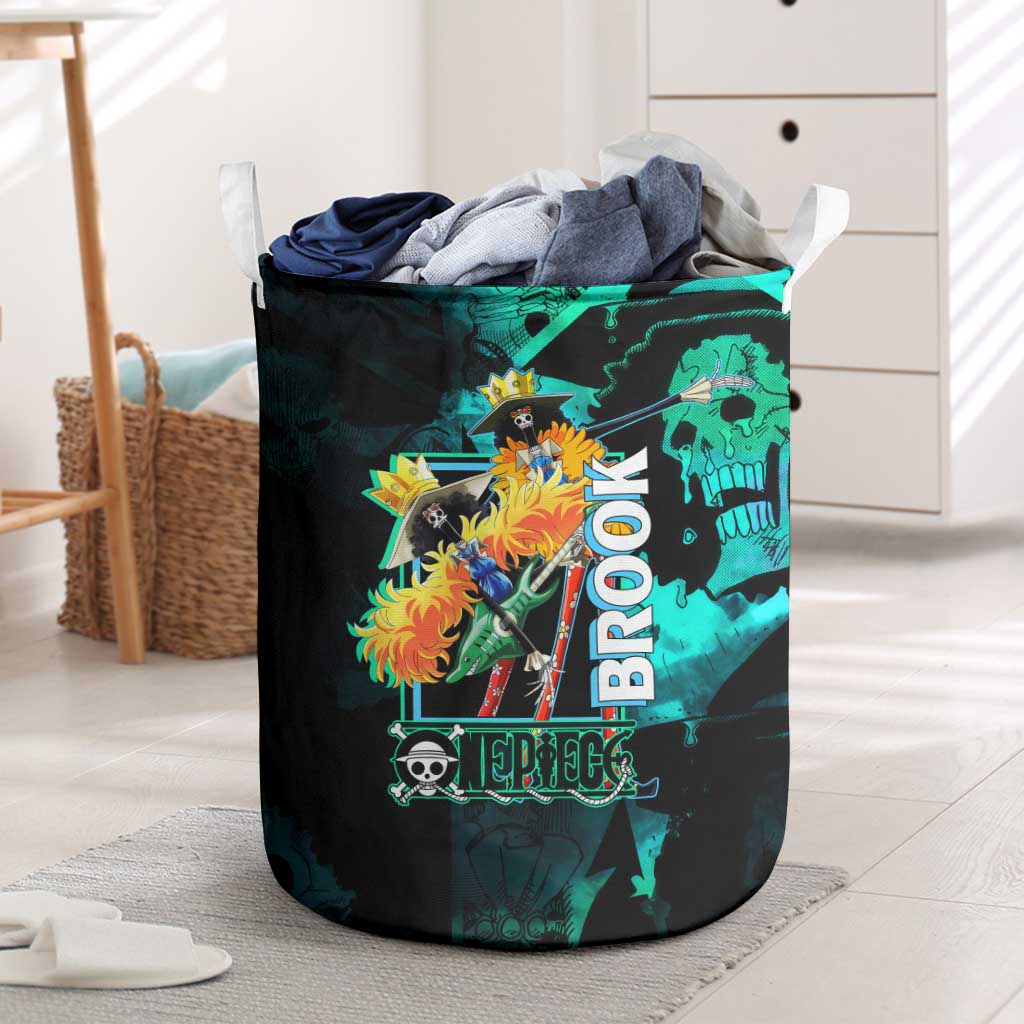 Brook One Piece Green and Black Theme Laundry Basket with Soul King Guitar and Skeleton Jolly Roger Design - The Mazicc