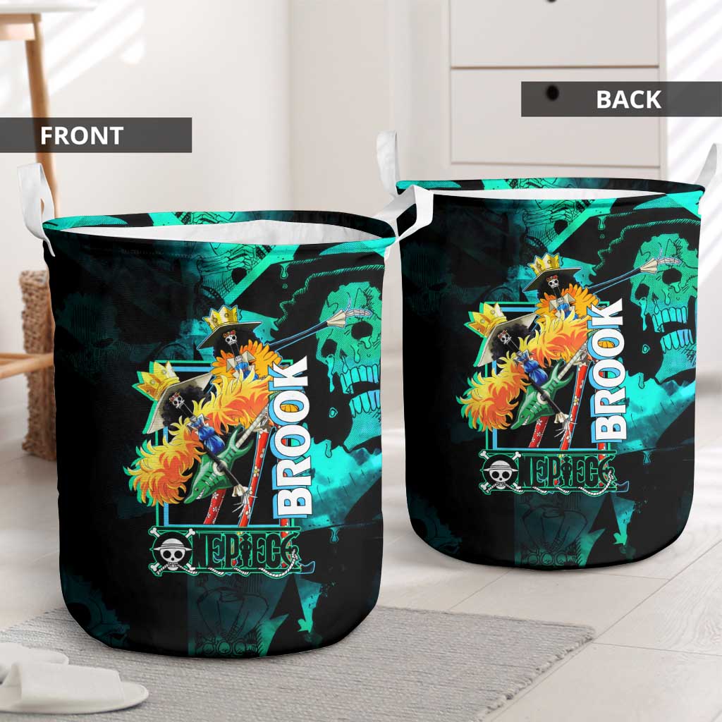 Brook One Piece Green and Black Theme Laundry Basket with Soul King Guitar and Skeleton Jolly Roger Design - The Mazicc