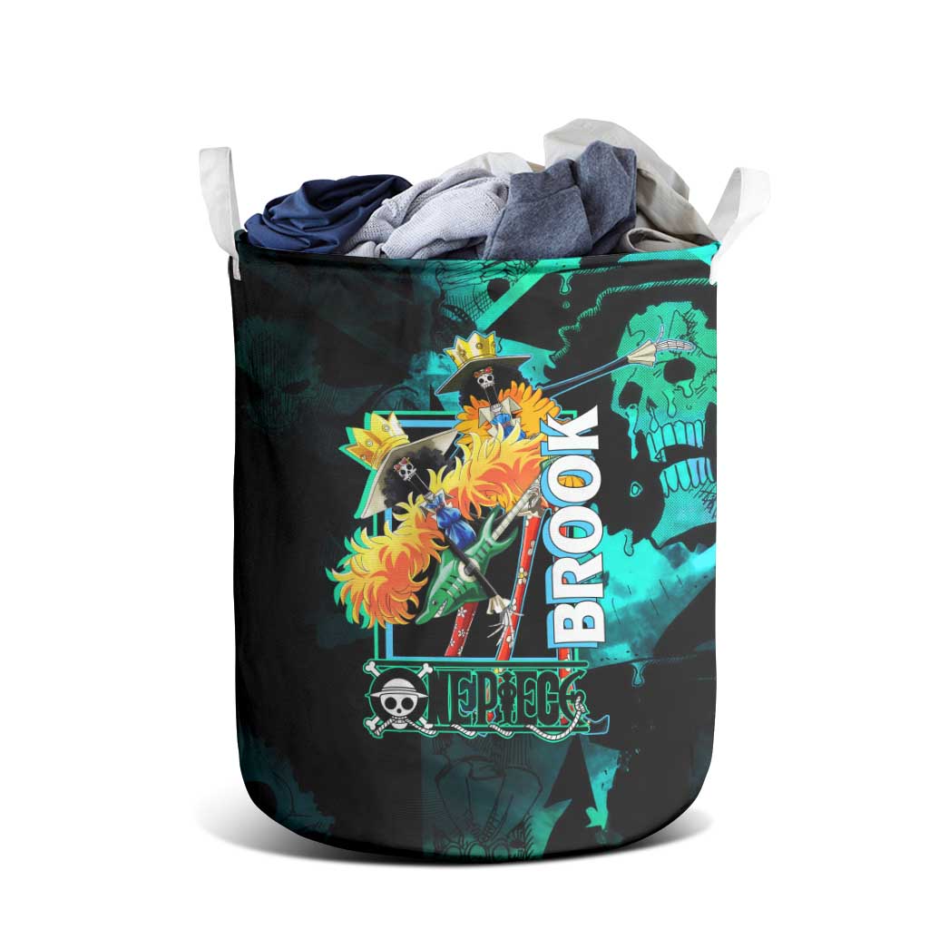 Brook One Piece Green and Black Theme Laundry Basket with Soul King Guitar and Skeleton Jolly Roger Design - The Mazicc