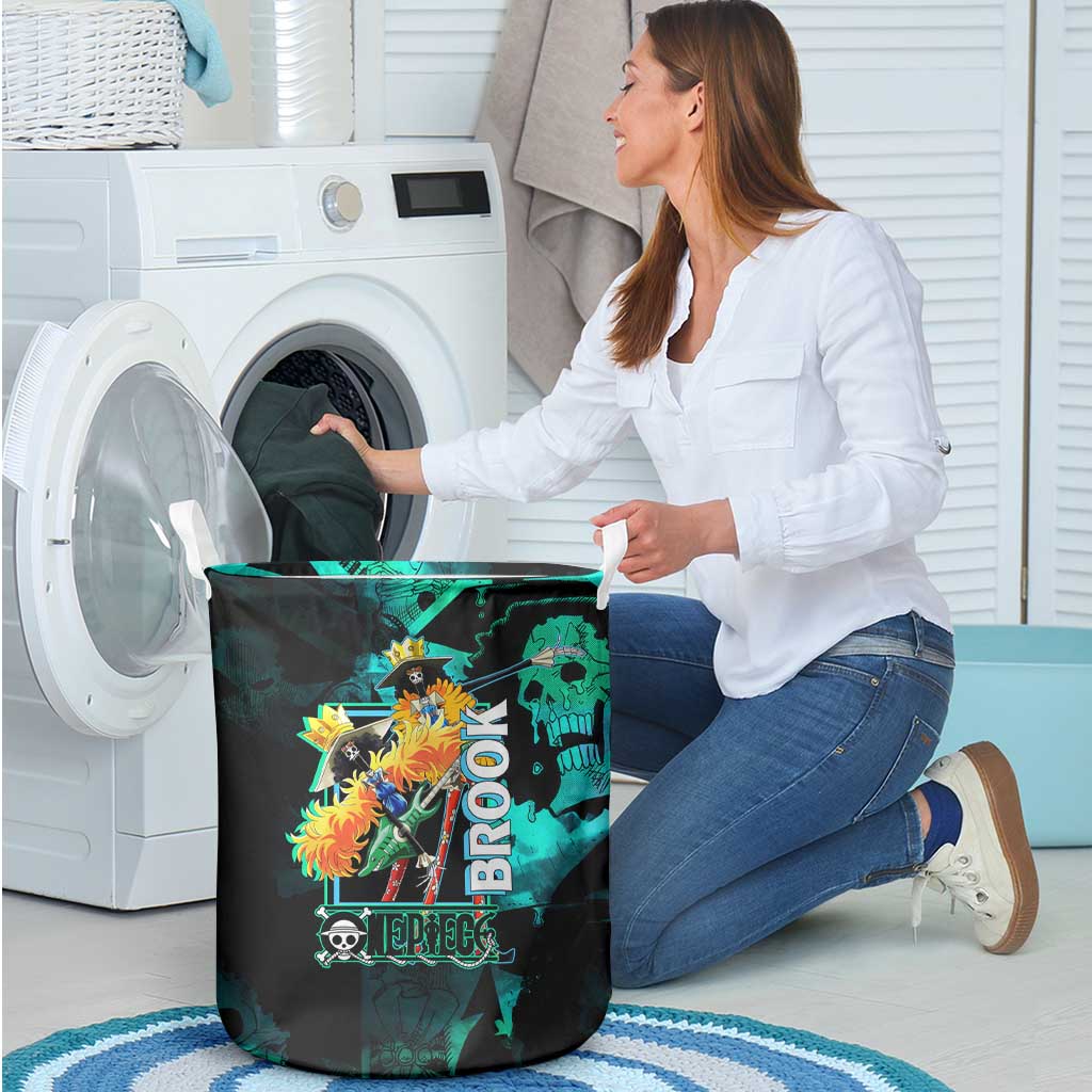 Brook One Piece Green and Black Theme Laundry Basket with Soul King Guitar and Skeleton Jolly Roger Design - The Mazicc