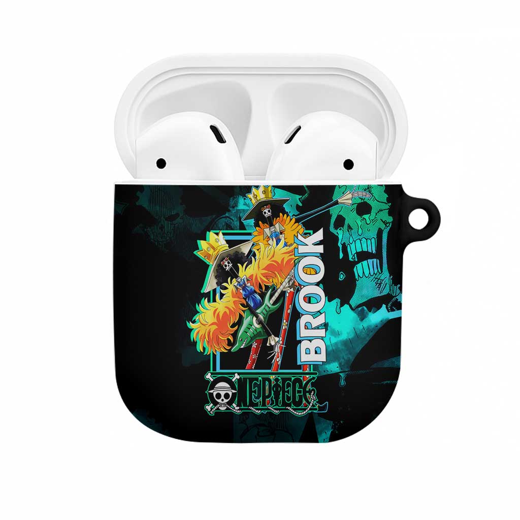 Brook One Piece Green and Black Theme AirPods Case with Soul King Guitar and Skeleton Jolly Roger Design - The Mazicc